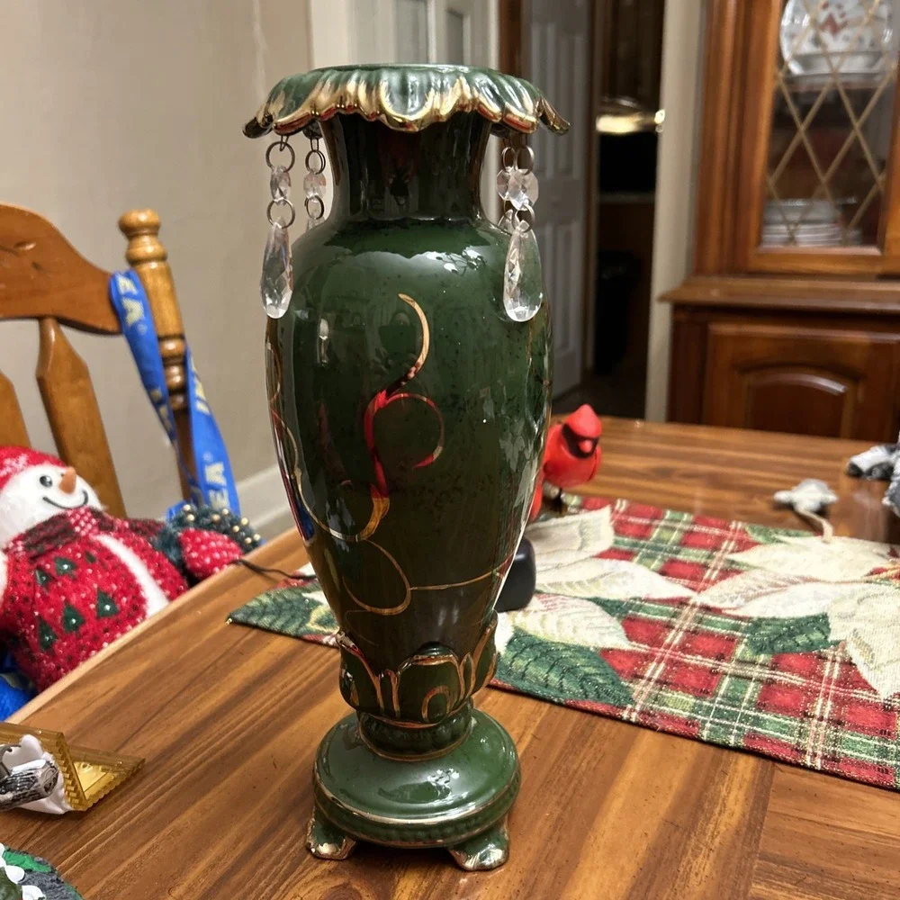 13 Inch Vintage Gold &‎ Dark Green Victorian Style Vase With Crystals Glazed